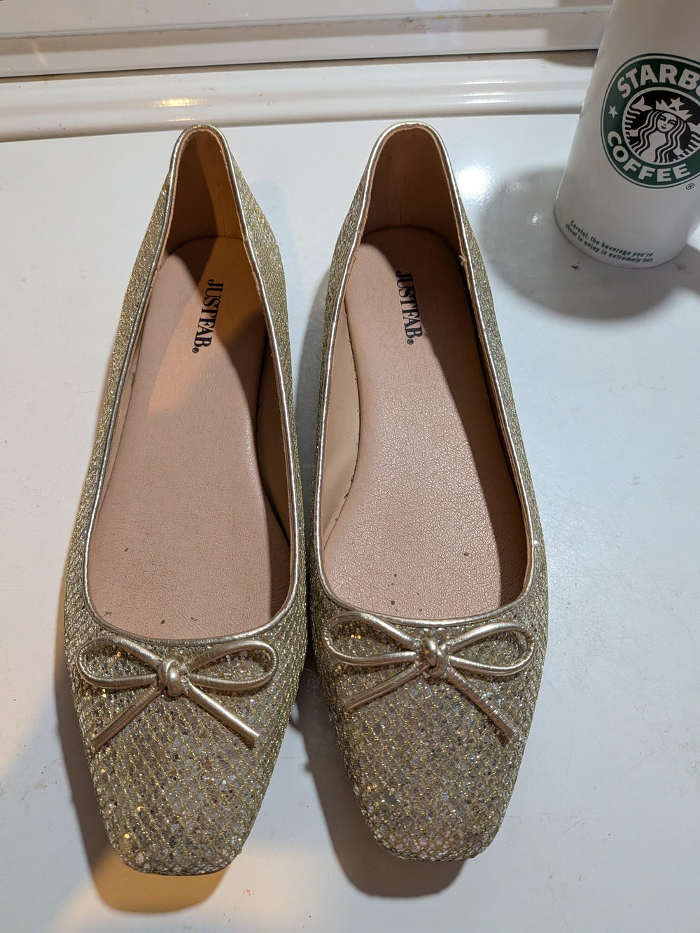 JustFab Gold Glitter Bow Pointed Ballet Flats